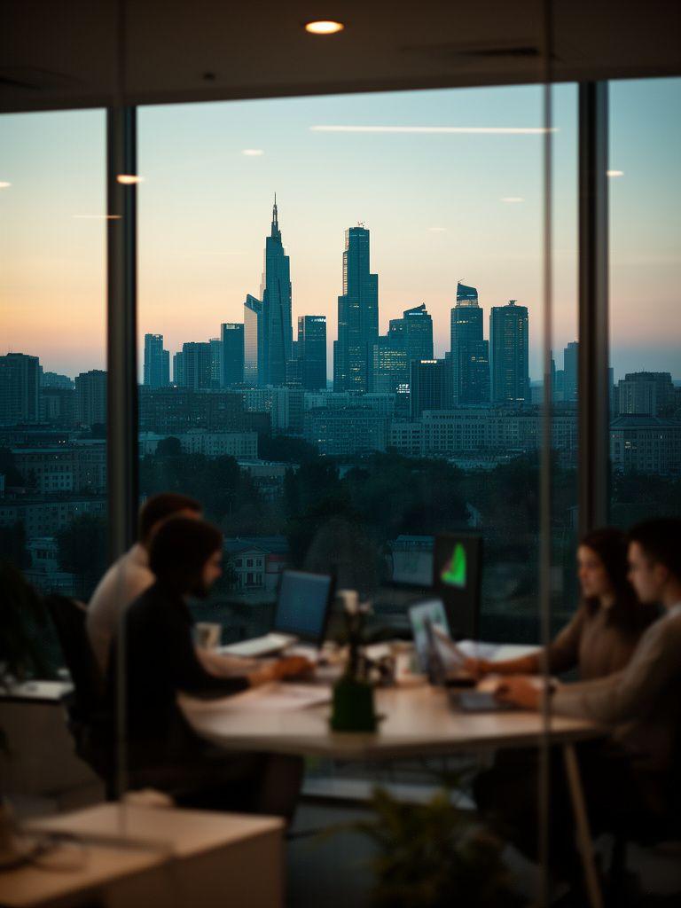 Kyiv city skyline at dusk with a focused product team working behind glass in a secure office