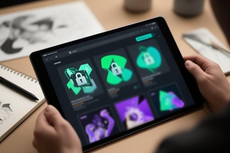 Digital artist reviewing blurred NFT previews in an encrypted portfolio gallery on a tablet