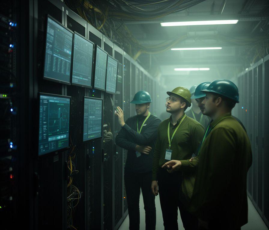 IT security team reviewing encrypted enterprise messaging controls in a Kyiv server room