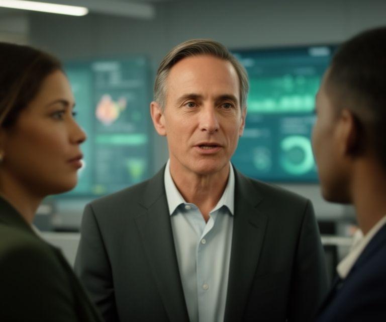Chief technology officer speaking with compliance leaders beside secure collaboration dashboards in a modern office