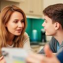Ukrainian mother using a messaging app with her teenage son during a kitchen conversation