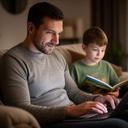 Kyiv father reviewing screen time settings while his child reads beside him on a sofa