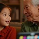 Grandparent and grandchild speaking over a secure family messenger in a cosy living room