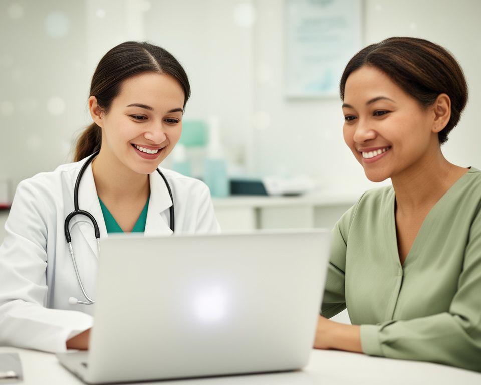 Doctor and patient smiling during a secure video consultation on a bright laptop screen