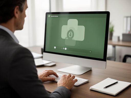 Therapist scheduling a secure consultation on a desktop dashboard in a quiet office