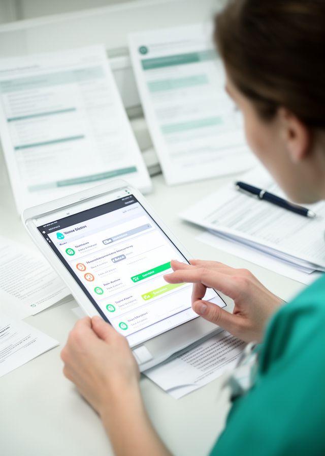 Nurse reviewing encrypted home monitoring alerts on a clinical dashboard beside care notes