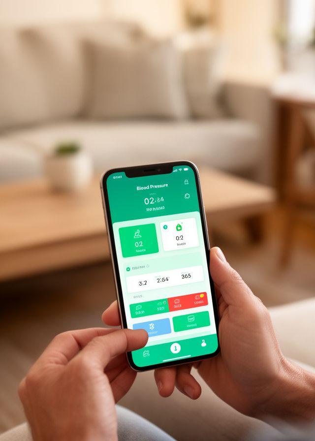 Patient entering blood pressure readings into a secure home health app on a smartphone in a living room