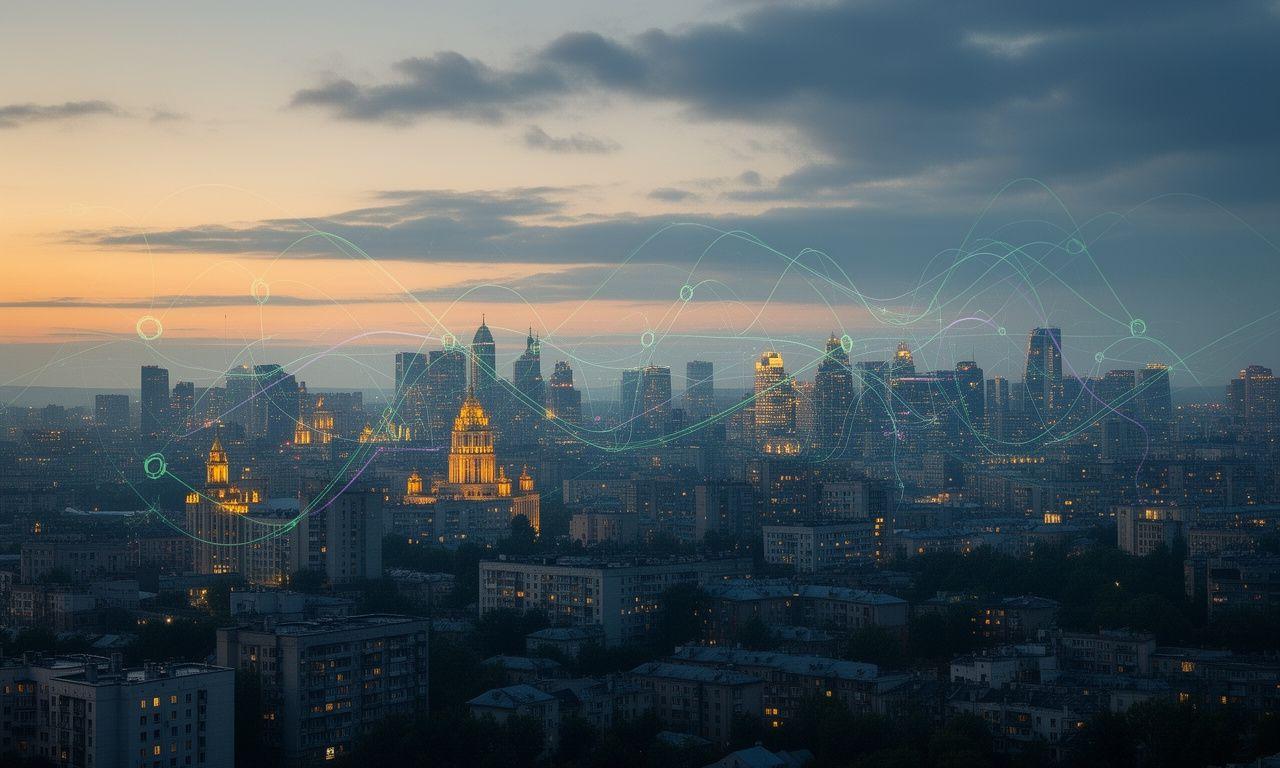 Kyiv skyline at dusk with illuminated buildings and a subtle digital network overlay across the city