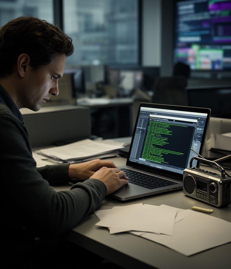 Investigative journalist in a quiet newsroom reviewing encrypted wire messages on a laptop beside a radio and notes