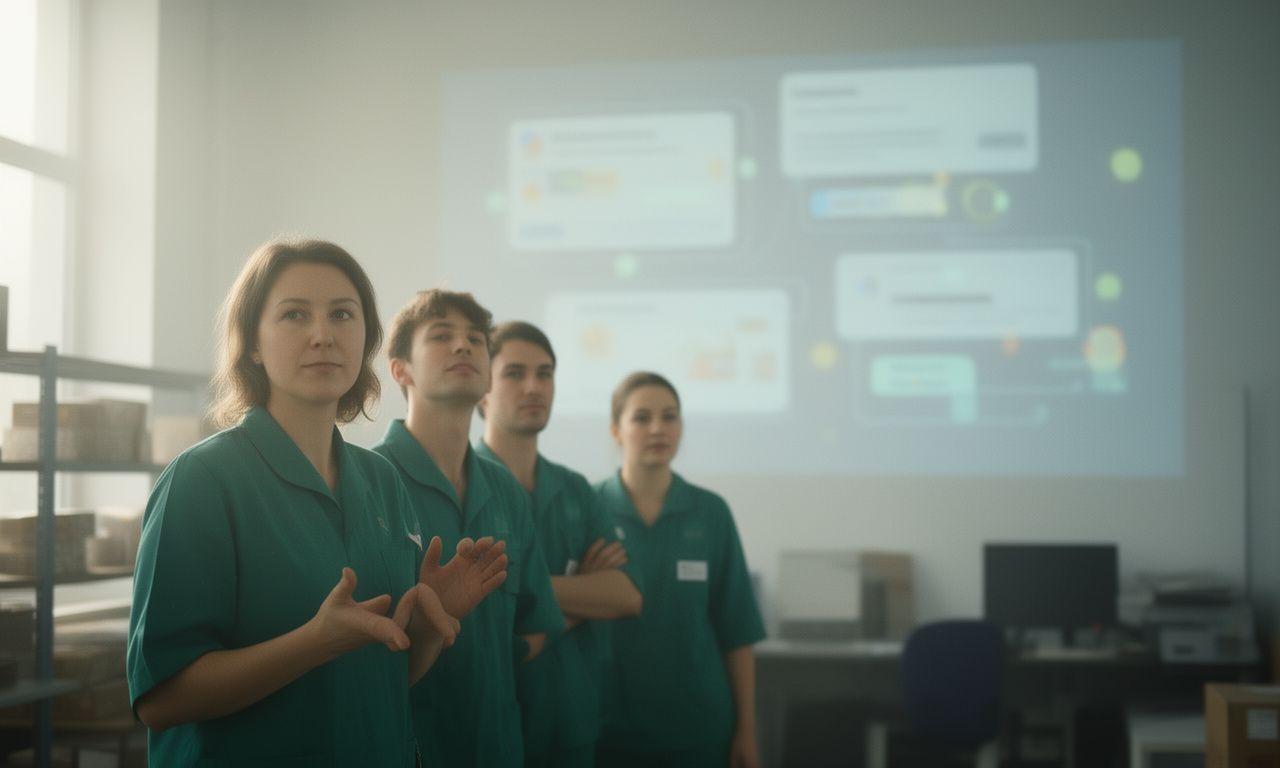 Kyiv food bank team reviewing donor messages on a wall display while standing in a bright logistics office