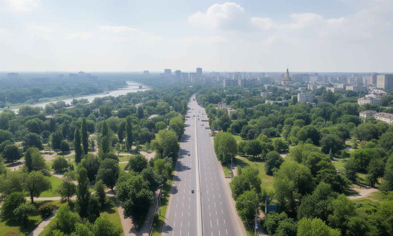 Панорамний вигляд району біля Trukhanivska Street у Києві з міською дорогою та зеленими деревами