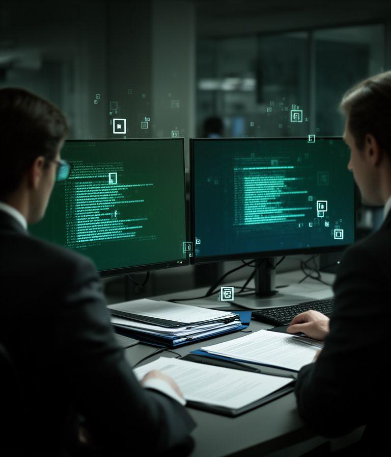 Litigation counsel discussing evidence folders on a secure video call in a quiet office with dual monitors