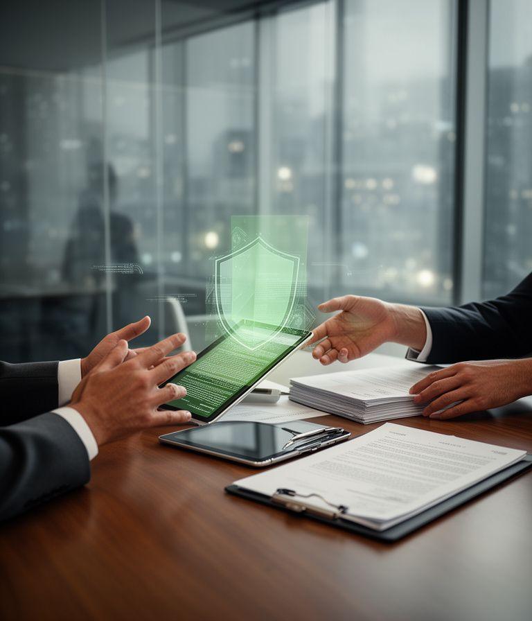 Partners reviewing a cross-border merger document set in a glass meeting room with notes on a digital tablet