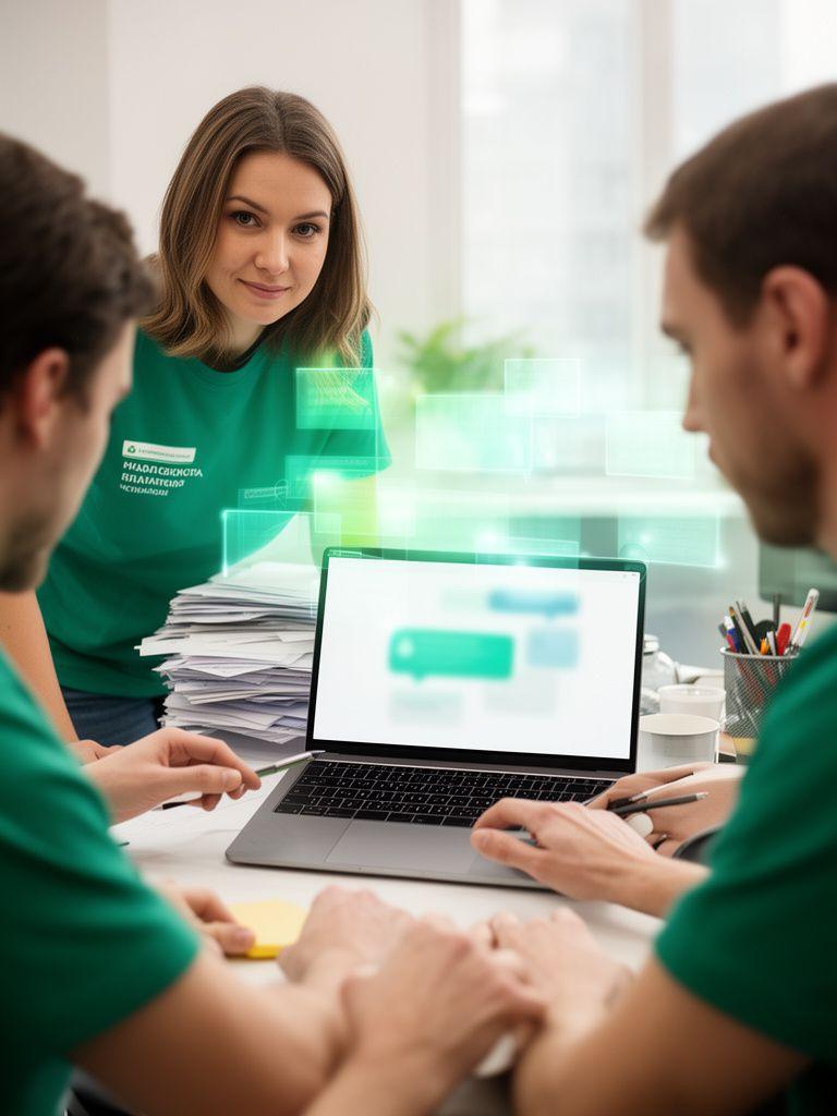 Volunteers in Kyiv coordinating a charity campaign beside a secure chat overlay on a bright office screen