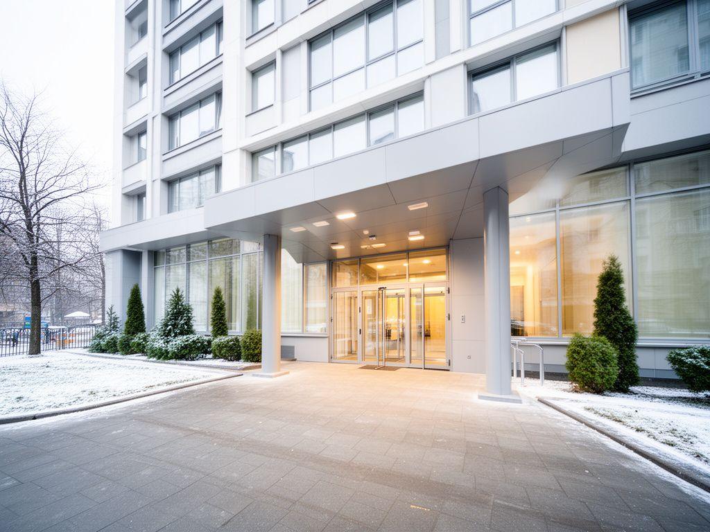 Modern Kyiv office building entrance on Trukhanivska Street with secure access and winter daylight