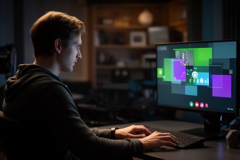 Journalist conducting an encrypted video call in a quiet studio with a secure recording indicator on screen
