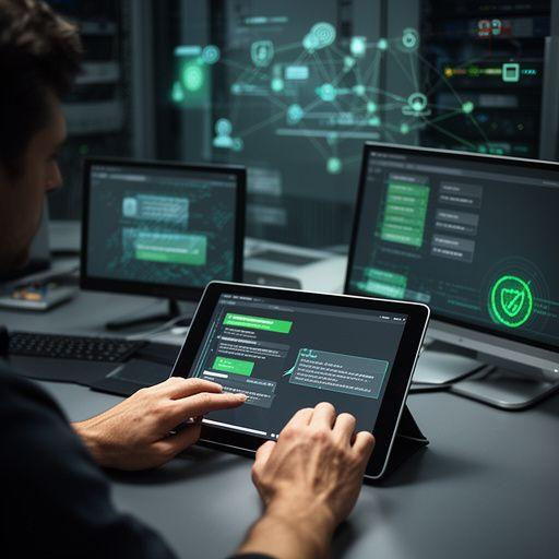 Andriy Stepanenko testing cross-platform messaging flows on tablet and laptop in a secure lab