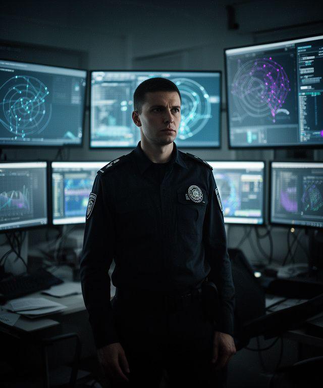Security chief standing in a Kyiv operations room with monitoring screens and a focused expression
