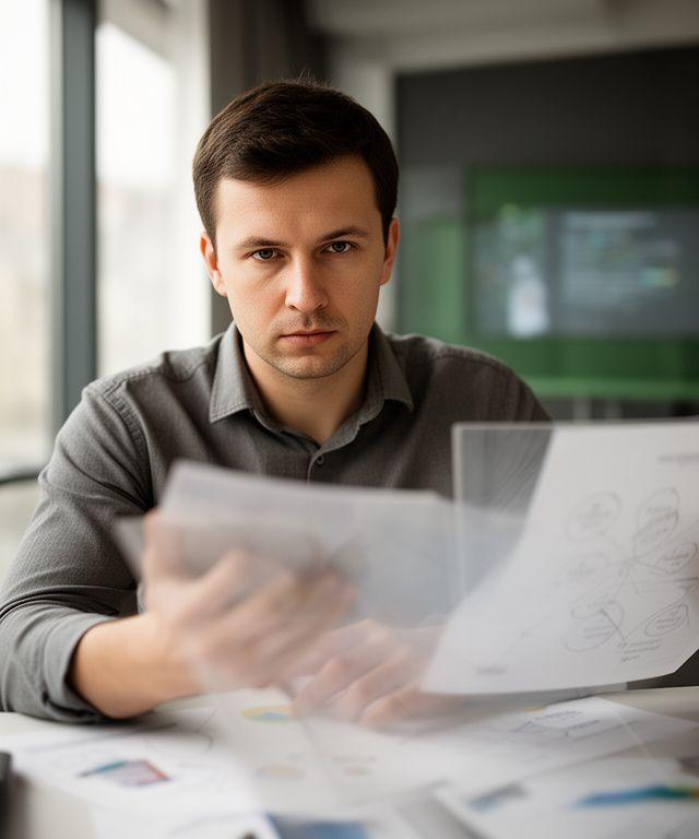 Ukrainian chief technology officer reviewing cryptography diagrams in a modern Kyiv office