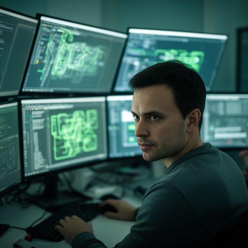 Maksym Dubrovin mapping secure infrastructure notes beside multiple monitors in a Kyiv workspace