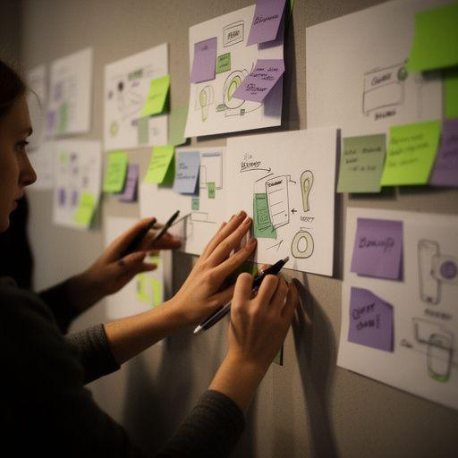Nadiia Bondarenko leading a product workshop with notes, sketches, and privacy diagrams in Kyiv