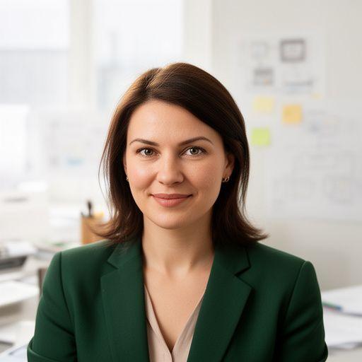 Olesia Kravets reviewing encryption architecture in a bright Kyiv studio office