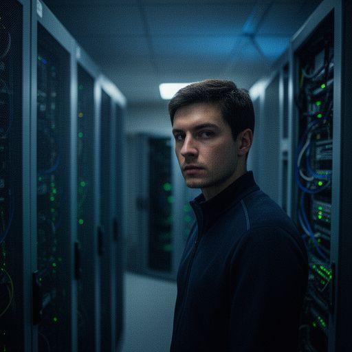 Serhii Tymoshenko monitoring secure server status in a calm data centre environment near Kyiv