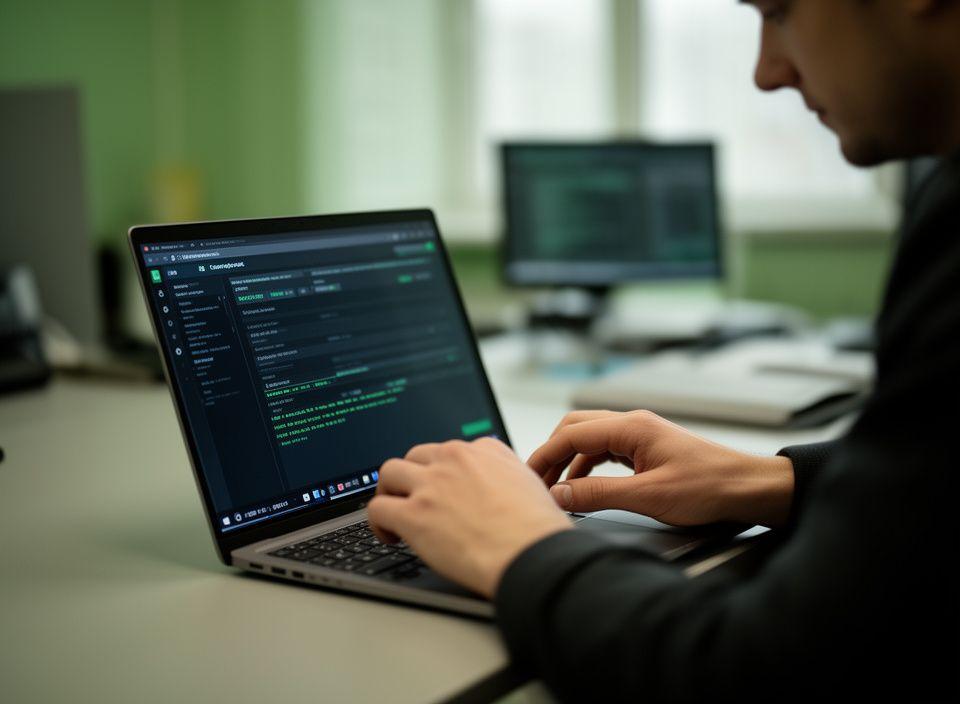 Kyiv cybersecurity specialist reviewing encryption key custody settings on a laptop in a calm office environment