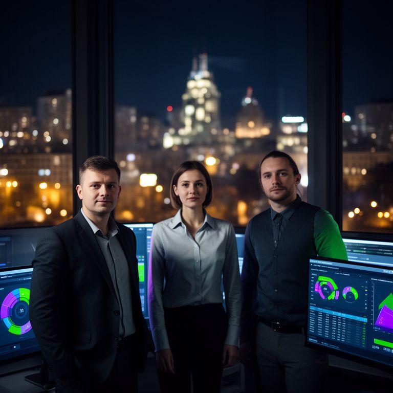 Ukrainian office team standing beside secure infrastructure dashboards with Kyiv city light in the background