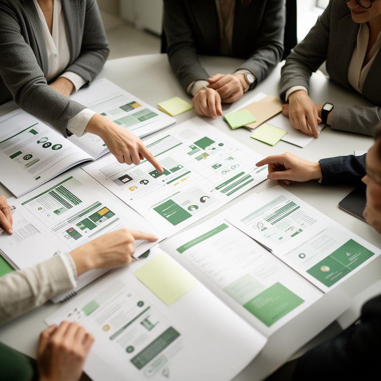 Team members collaborating around open documentation and planning boards in the Kyiv office