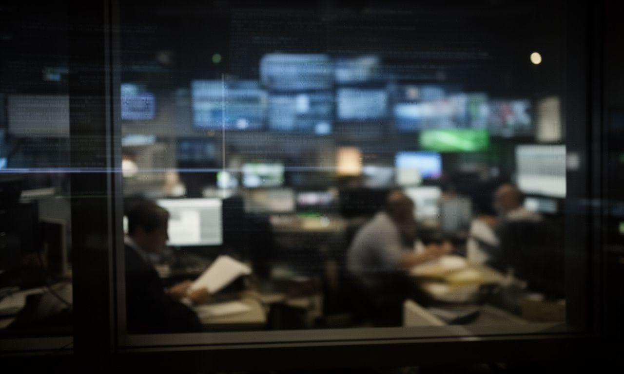 Blurred newsroom window with reporters reviewing field notes during a late-night breaking-news shift